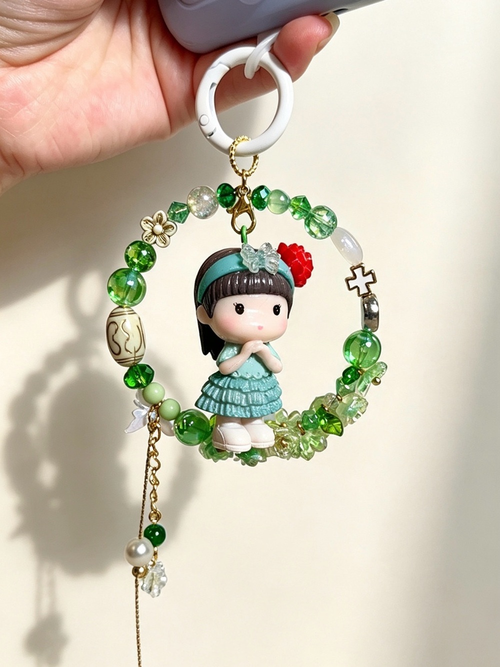 Aqua Beaded Doll Keychain Charm - Cute Girl Figure
